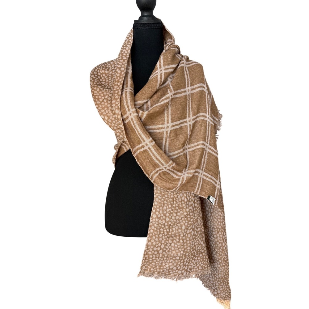 J.Crew Reversible Scarf Tan Plaid Animal Print Windowpane Fringe Wrap E4608
